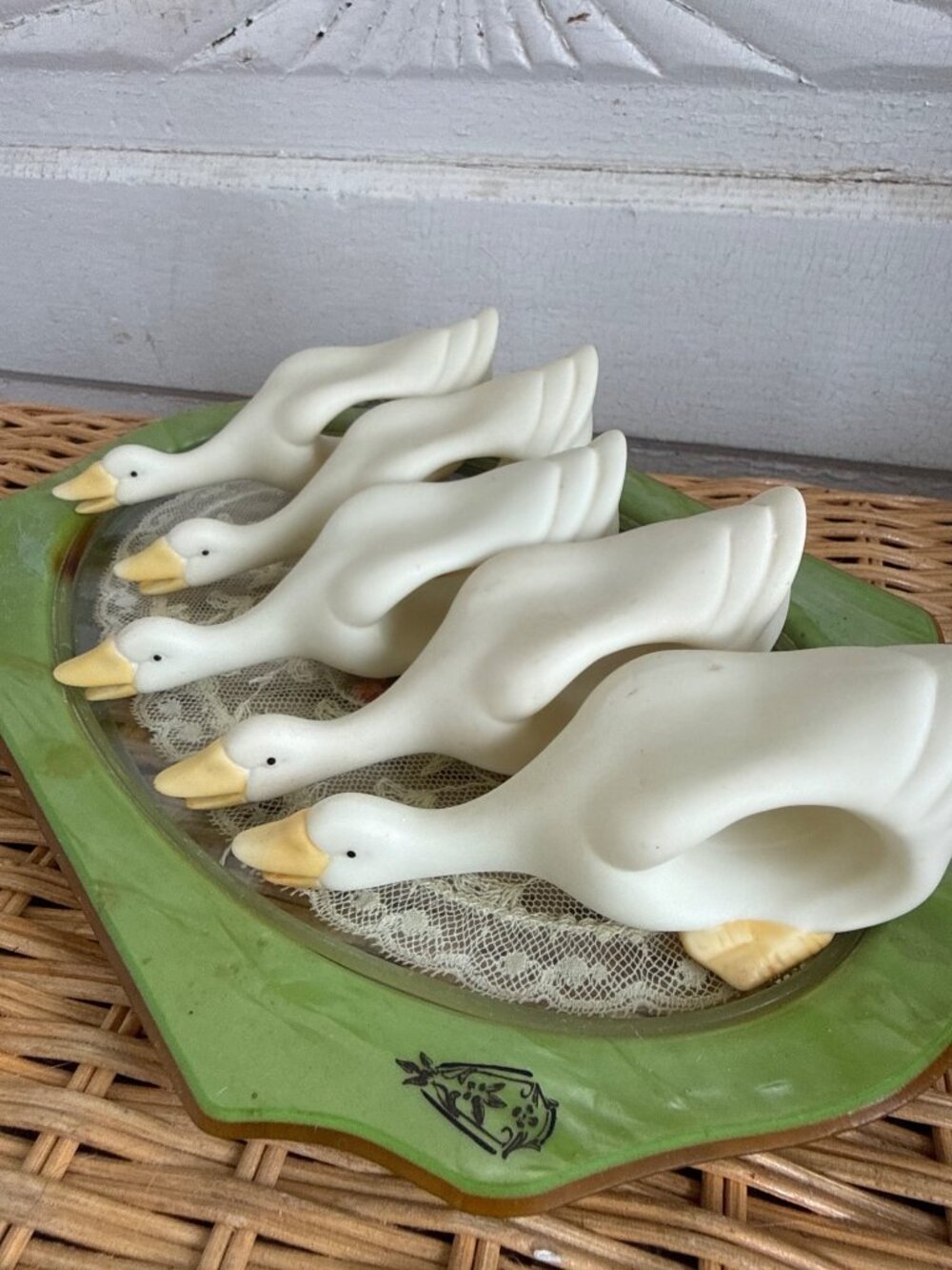 Vintage 70s Lot 5 Bisque Porcelain Geese Ducks Napking Rings Table wear Retro - Picture 3 of 9